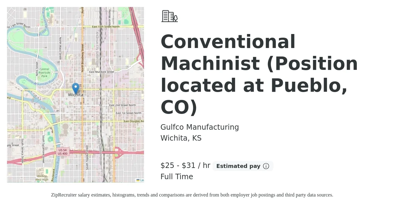 Gulfco Manufacturing job posting for a Conventional Machinist (Position located at Pueblo, CO) in Wichita, KS with a salary of $26 to $33 Hourly with a map of Wichita location.