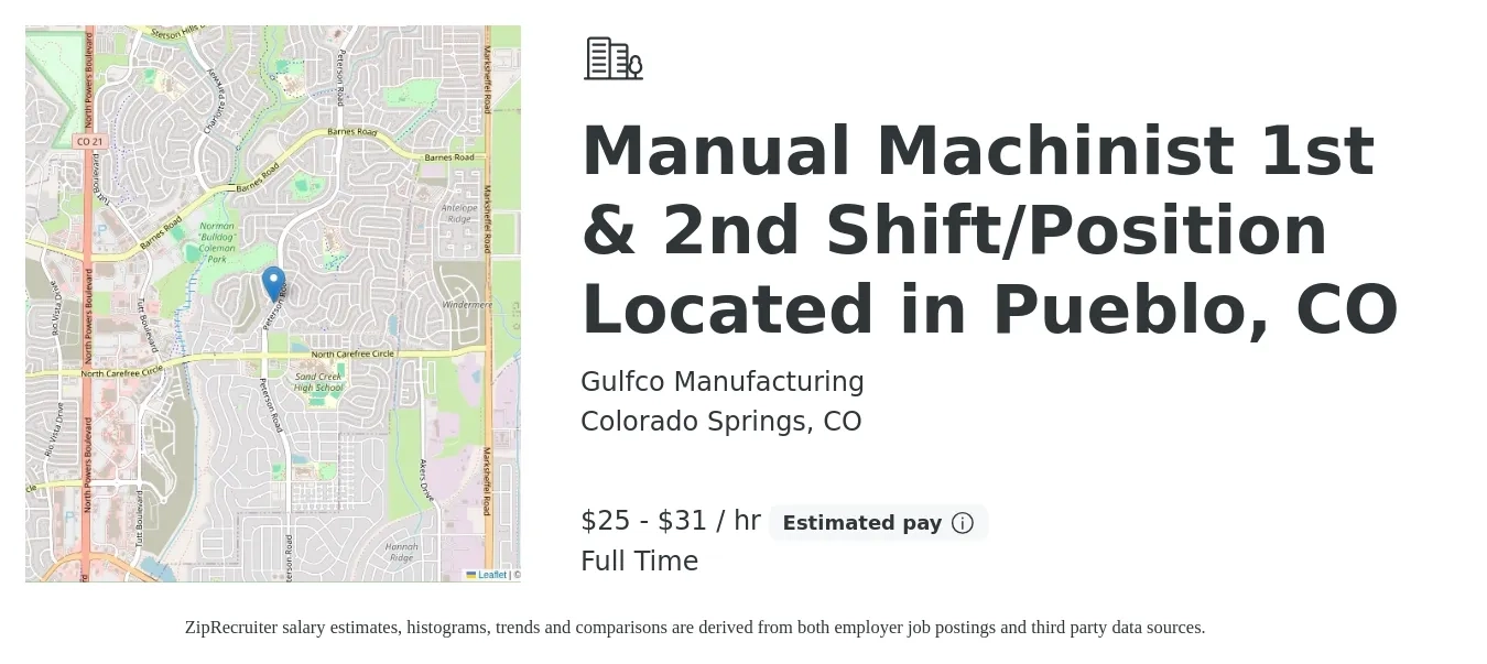 Gulfco Manufacturing job posting for a Manual Machinist 1st & 2nd Shift/Position Located in Pueblo, CO in Colorado Springs, CO with a salary of $27 to $33 Hourly with a map of Colorado Springs location.