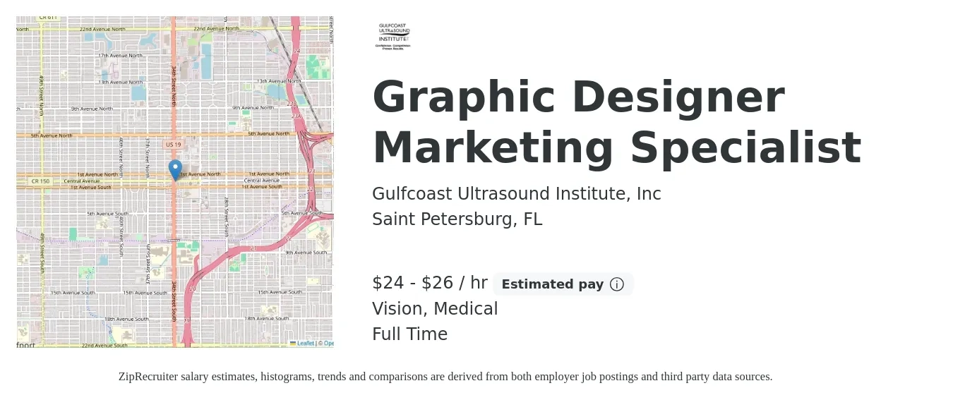 Gulfcoast Ultrasound Institute, Inc job posting for a Graphic Designer Marketing Specialist in Saint Petersburg, FL with a salary of $25 to $28 Hourly and benefits including medical, pto, and vision with a map of Saint Petersburg location.