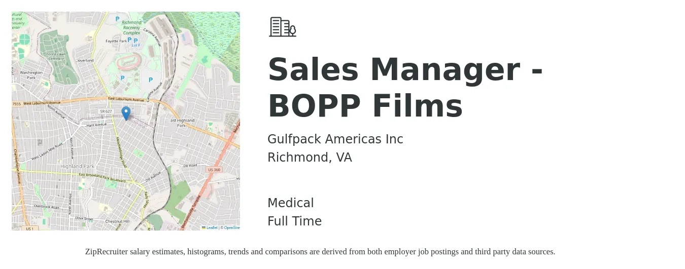 Gulfpack Americas Inc job posting for a Sales Manager - BOPP Films in Richmond, VA with a salary of $9,000 to $10,000 Monthly and benefits including medical with a map of Richmond location.