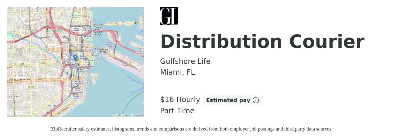 Gulfshore Life job posting for a Distribution Courier in Miami, FL with a salary of $17 Hourly with a map of Miami location.