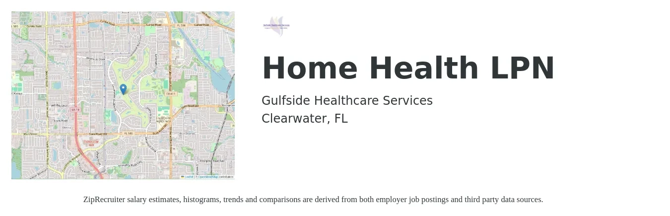 Gulfside Healthcare Services job posting for a Home Health LPN in Clearwater, FL with a salary of $24 to $32 Hourly with a map of Clearwater location.