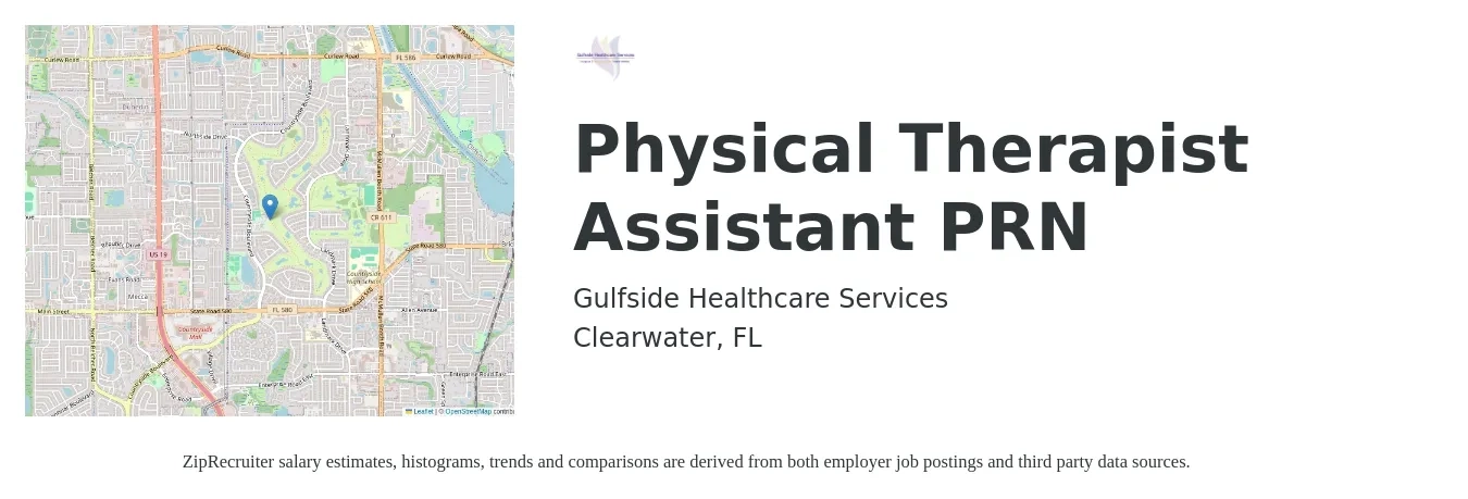 Gulfside Healthcare Services job posting for a Physical Therapist Assistant PRN in Clearwater, FL with a salary of $25 to $33 Hourly with a map of Clearwater location.