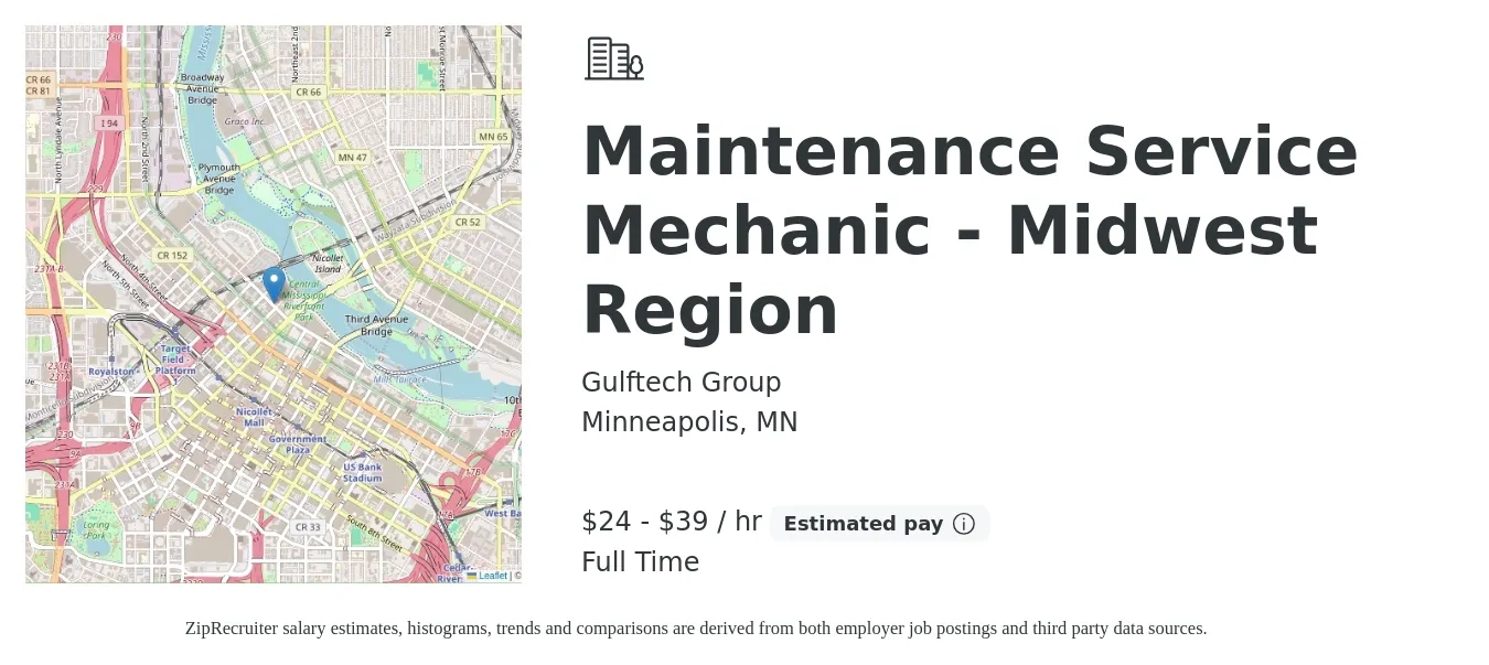 Gulftech Group job posting for a Maintenance Service Mechanic - Midwest Region in Minneapolis, MN with a salary of $25 to $41 Hourly with a map of Minneapolis location.