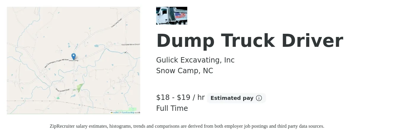 Gulick Excavating, Inc job posting for a Dump Truck Driver in Snow Camp, NC with a salary of $19 to $20 Hourly with a map of Snow Camp location.