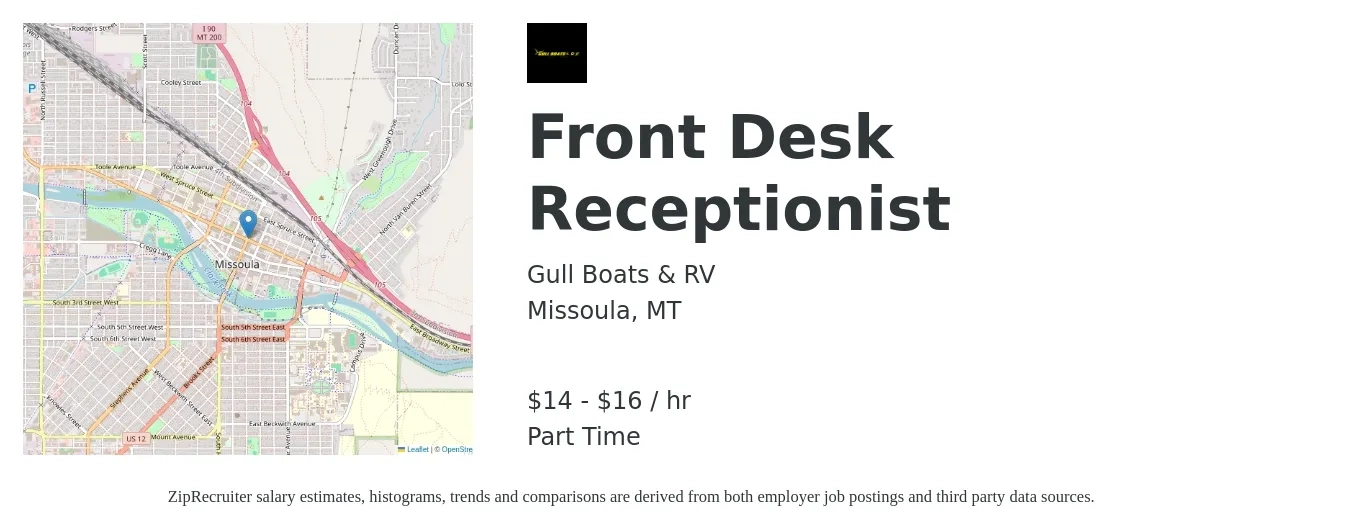 Gull Boats & RV job posting for a Front Desk Receptionist in Missoula, MT with a salary of $15 to $17 Hourly with a map of Missoula location.