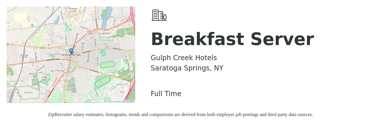 Gulph Creek Hotels job posting for a Breakfast Server in Saratoga Springs, NY with a salary of $13 to $16 Hourly with a map of Saratoga Springs location.