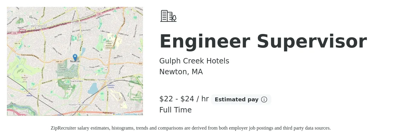Gulph Creek Hotels job posting for a Engineer Supervisor in Newton, MA with a salary of $23 to $25 Hourly with a map of Newton location.