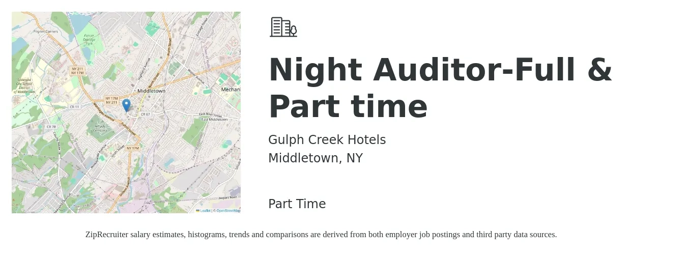 Gulph Creek Hotels job posting for a Night Auditor-Full & Part time in Middletown, NY with a salary of $16 Hourly with a map of Middletown location.