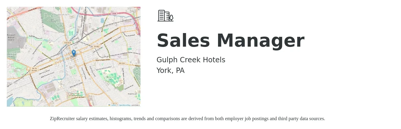 Gulph Creek Hotels job posting for a Sales Manager in York, PA with a salary of $50,000 to $55,000 Yearly with a map of York location.