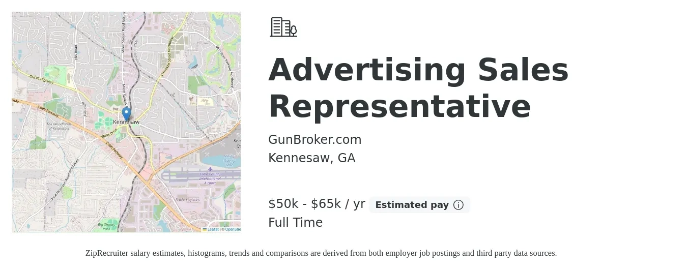 GunBroker.com job posting for a Advertising Sales Representative in Kennesaw, GA with a salary of $50,000 to $65,000 Yearly with a map of Kennesaw location.