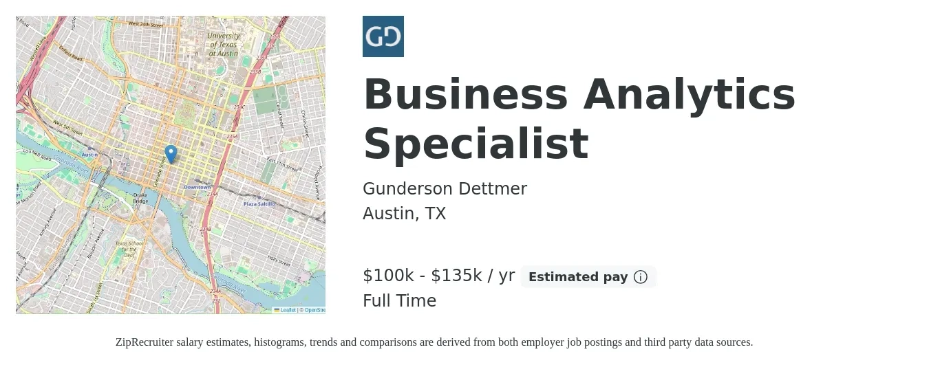 Gunderson Dettmer job posting for a Business Analytics Specialist in Austin, TX with a salary of $100,000 to $135,000 Yearly with a map of Austin location.