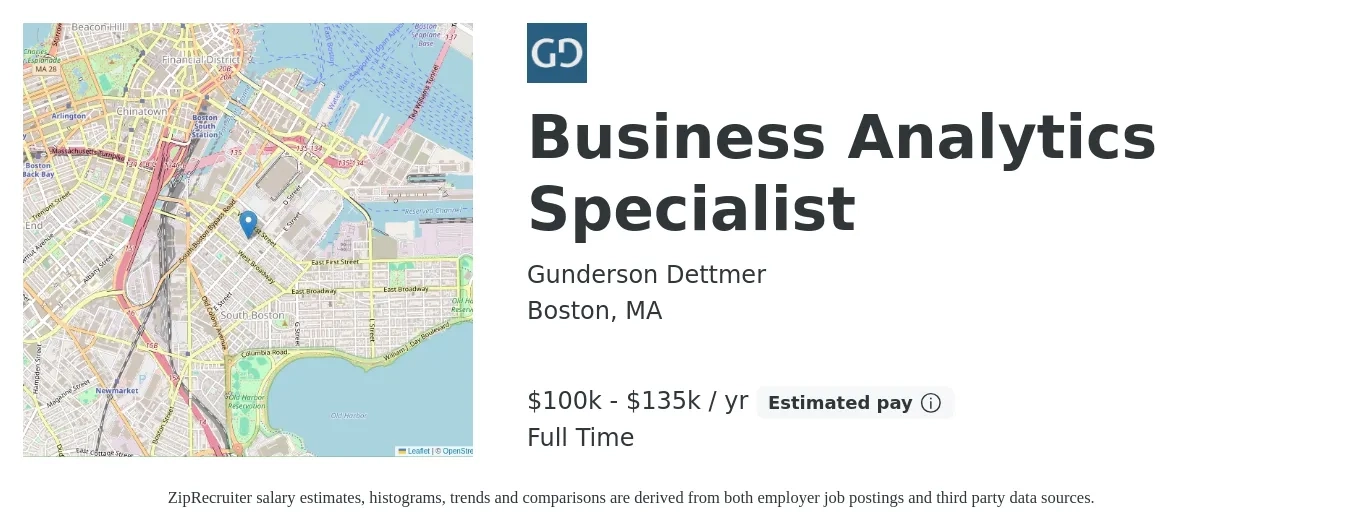 Gunderson Dettmer job posting for a Business Analytics Specialist in Boston, MA with a salary of $100,000 to $135,000 Yearly with a map of Boston location.