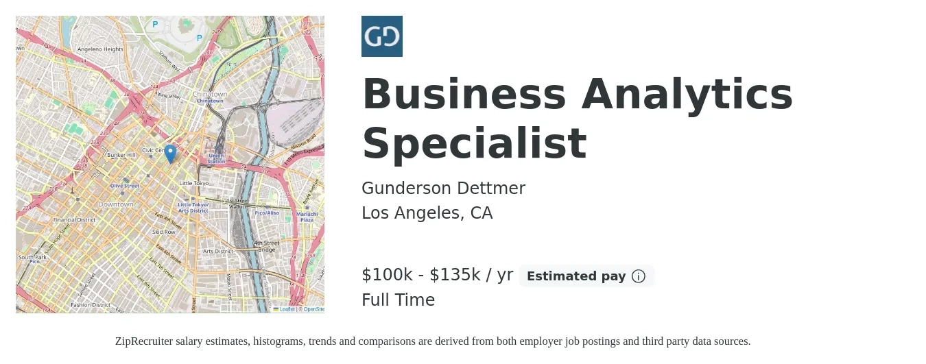 Gunderson Dettmer job posting for a Business Analytics Specialist in Los Angeles, CA with a salary of $100,000 to $135,000 Yearly with a map of Los Angeles location.