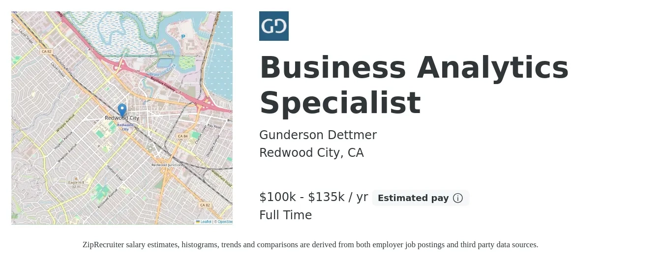 Gunderson Dettmer job posting for a Business Analytics Specialist in Redwood City, CA with a salary of $100,000 to $135,000 Yearly with a map of Redwood City location.