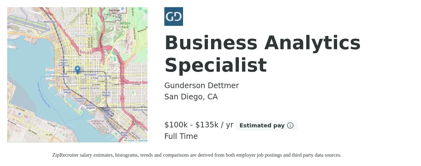 Gunderson Dettmer job posting for a Business Analytics Specialist in San Diego, CA with a salary of $100,000 to $135,000 Yearly with a map of San Diego location.