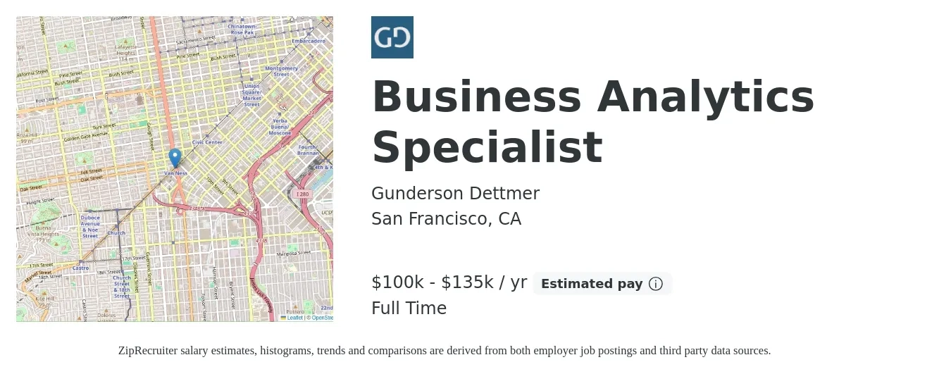 Gunderson Dettmer job posting for a Business Analytics Specialist in San Francisco, CA with a salary of $100,000 to $135,000 Yearly with a map of San Francisco location.