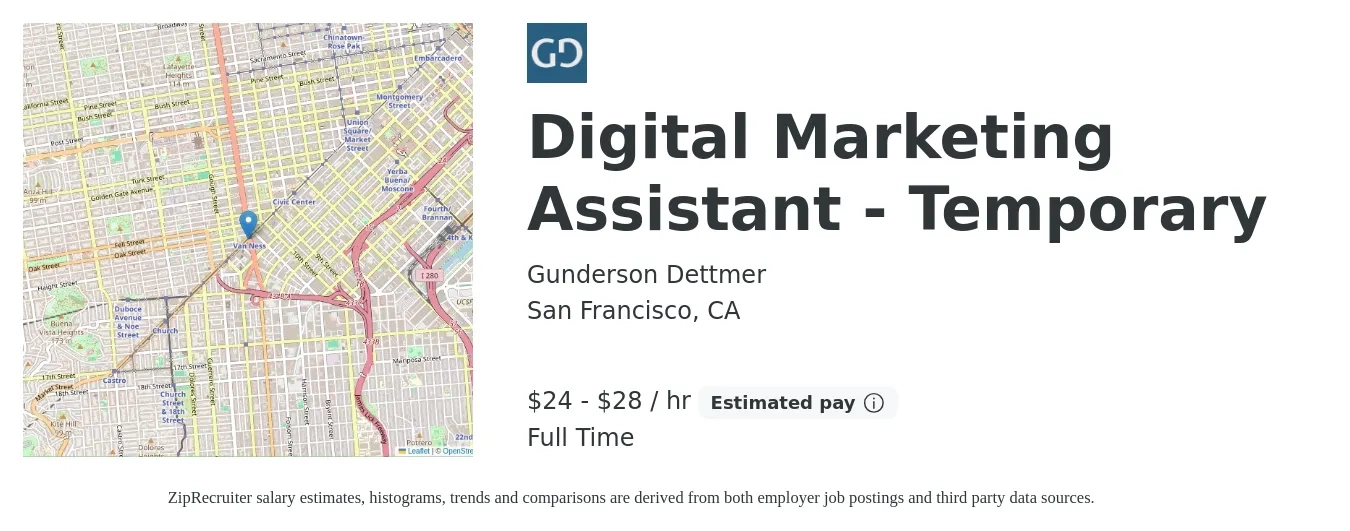 Gunderson Dettmer job posting for a Digital Marketing Assistant - Temporary in San Francisco, CA with a salary of $25 to $30 Hourly with a map of San Francisco location.