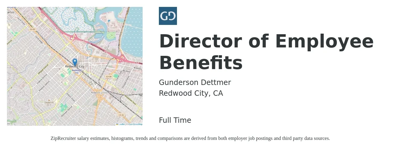 Gunderson Dettmer job posting for a Director of Employee Benefits in Redwood City, CA with a salary of $200,000 to $275,000 Yearly with a map of Redwood City location.