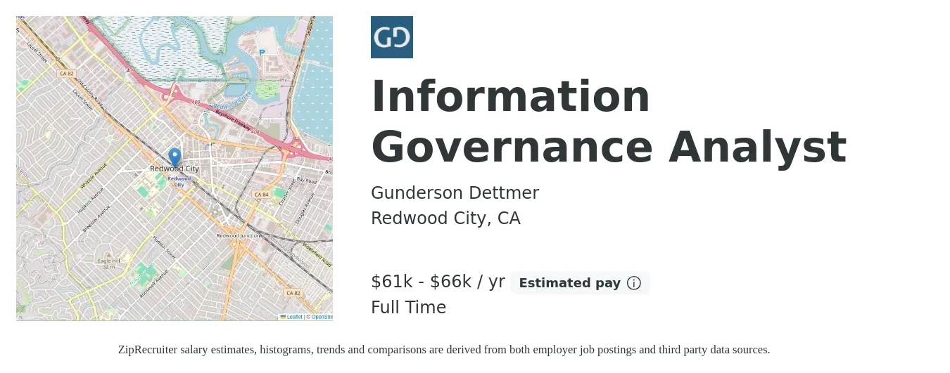 Gunderson Dettmer job posting for a Information Governance Analyst in Redwood City, CA with a salary of $61,000 to $66,000 Yearly with a map of Redwood City location.