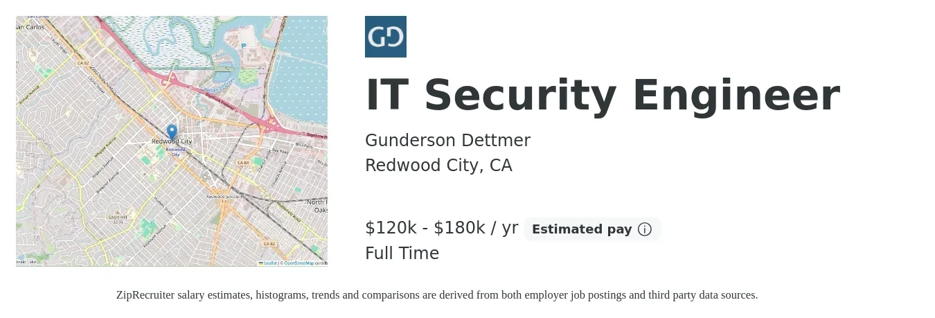 Gunderson Dettmer job posting for a IT Security Engineer in Redwood City, CA with a salary of $120,000 to $180,000 Yearly with a map of Redwood City location.
