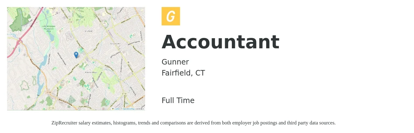 Gunner job posting for a Accountant in Fairfield, CT with a salary of $54,600 to $80,000 Yearly with a map of Fairfield location.