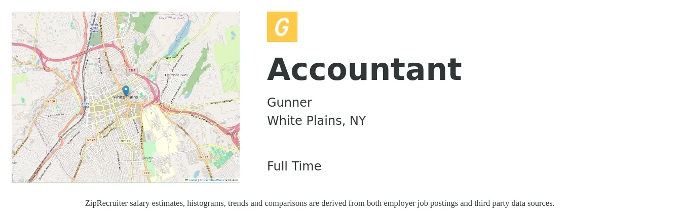 Gunner job posting for a Accountant in White Plains, NY with a salary of $55,400 to $81,300 Yearly with a map of White Plains location.