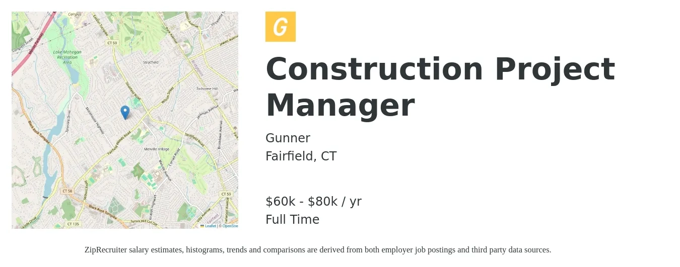 Gunner job posting for a Construction Project Manager in Fairfield, CT with a salary of $60,000 to $80,000 Yearly with a map of Fairfield location.