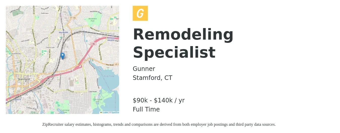 Gunner job posting for a Remodeling Specialist in Stamford, CT with a salary of $90,000 to $140,000 Yearly with a map of Stamford location.