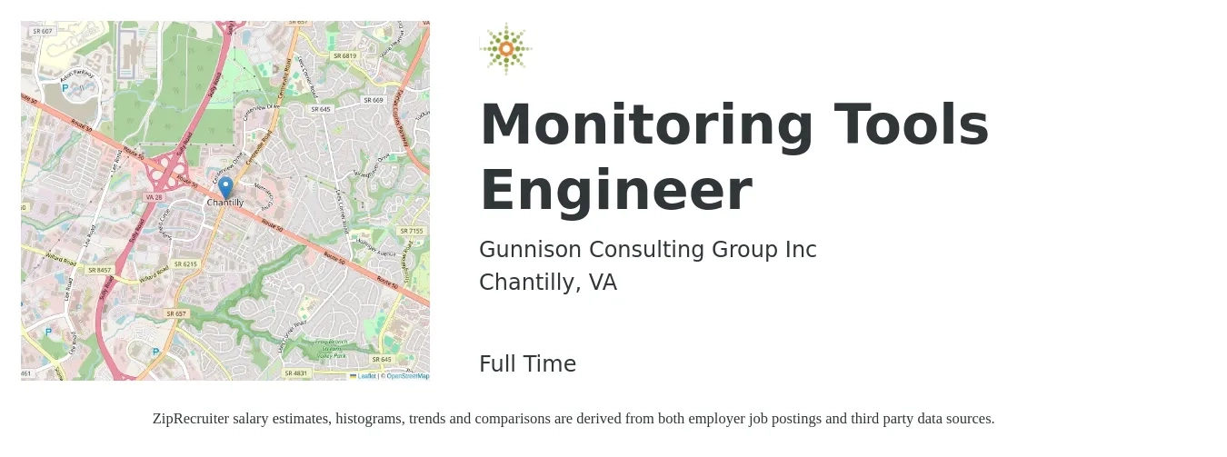 Gunnison Consulting Group Inc job posting for a Monitoring Tools Engineer in Chantilly, VA with a salary of $90,900 to $113,700 Yearly with a map of Chantilly location.