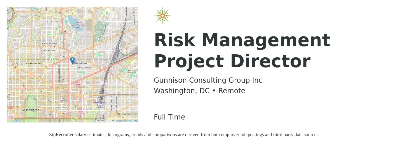 Gunnison Consulting Group Inc job posting for a Risk Management Project Director in Washington, DC with a salary of $119,700 to $190,100 Yearly with a map of Washington location.