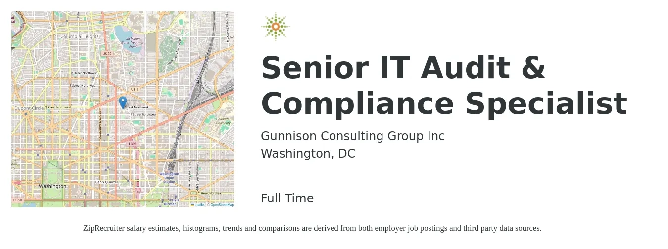 Gunnison Consulting Group Inc job posting for a Senior IT Audit & Compliance Specialist in Washington, DC with a salary of $106,400 to $139,800 Yearly with a map of Washington location.
