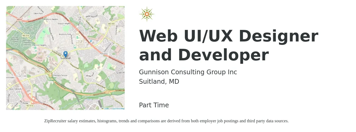 Gunnison Consulting Group Inc job posting for a Web UI/UX Designer and Developer in Suitland, MD with a salary of $46 to $56 Hourly with a map of Suitland location.