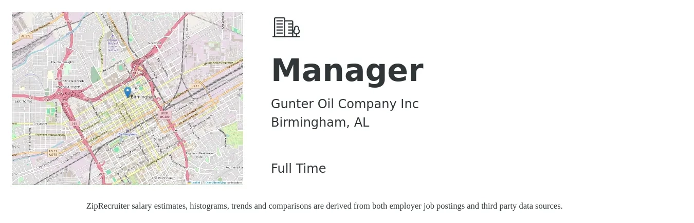 Gunter Oil Company Inc job posting for a Manager in Birmingham, AL with a salary of $42,900 to $99,900 Yearly with a map of Birmingham location.