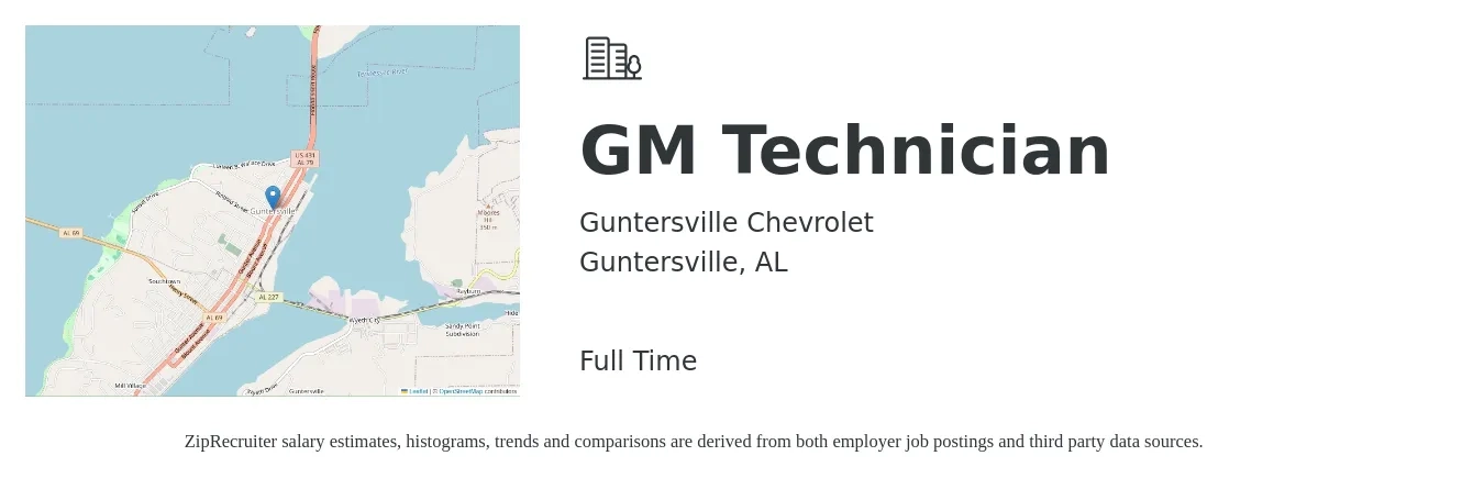 Guntersville Chevrolet job posting for a GM Technician in Guntersville, AL with a salary of $17 to $27 Hourly with a map of Guntersville location.