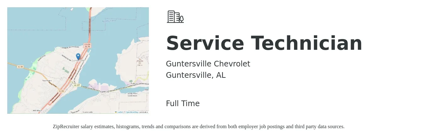 Guntersville Chevrolet job posting for a Service Technician in Guntersville, AL with a salary of $16 to $22 Hourly with a map of Guntersville location.