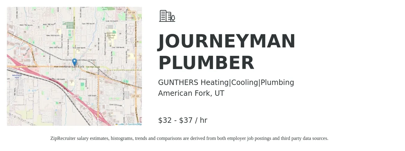 GUNTHERS Heating|Cooling|Plumbing job posting for a JOURNEYMAN PLUMBER in American Fork, UT with a salary of $34 to $39 Hourly with a map of American Fork location.