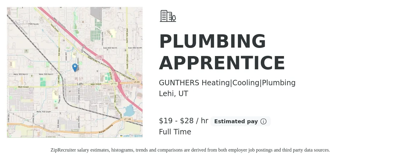 GUNTHERS Heating|Cooling|Plumbing job posting for a PLUMBING APPRENTICE in Lehi, UT with a salary of $20 to $30 Hourly with a map of Lehi location.