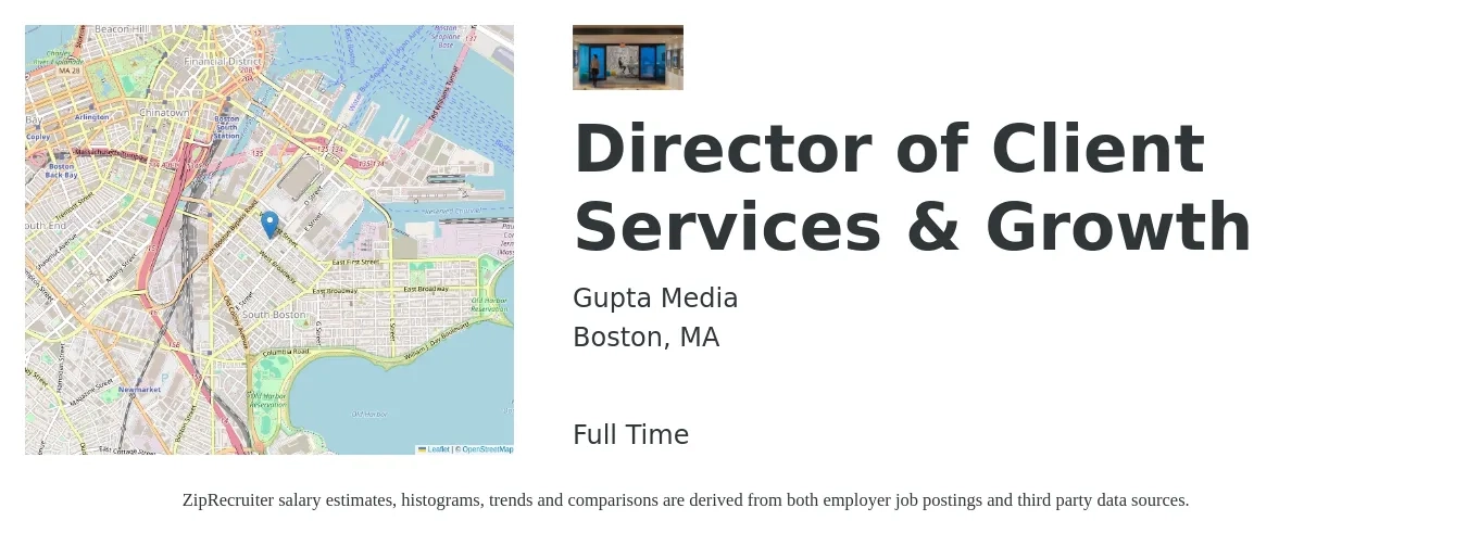 Gupta Media job posting for a Director of Client Services & Growth in Boston, MA with a salary of $70,800 to $119,300 Yearly with a map of Boston location.