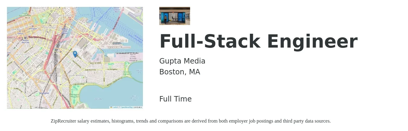 Gupta Media job posting for a Full-Stack Engineer in Boston, MA with a salary of $120,900 to $172,200 Yearly with a map of Boston location.