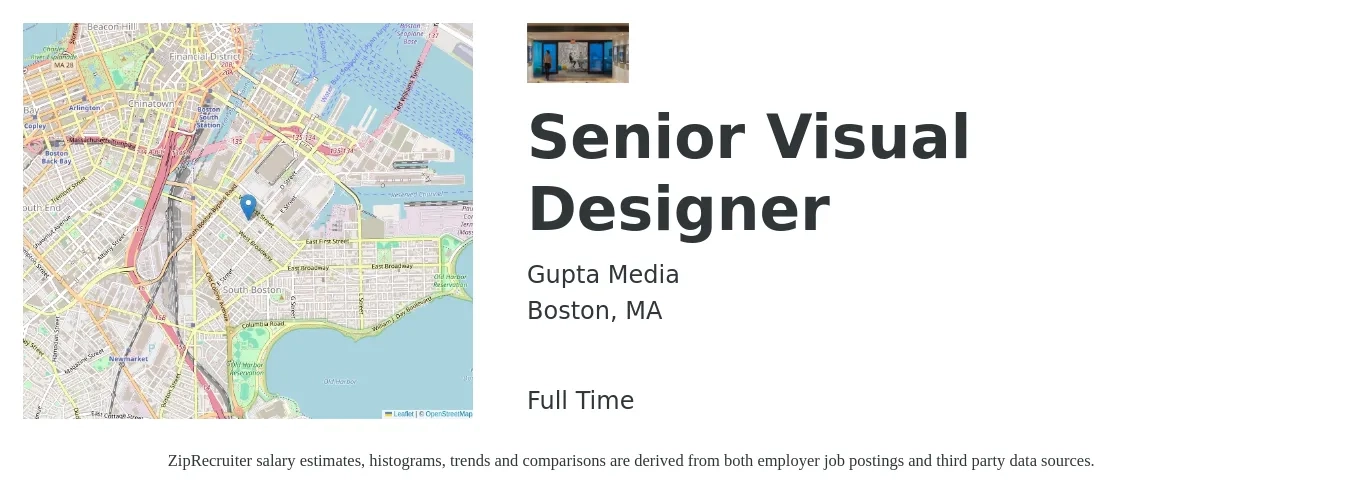 Gupta Media job posting for a Senior Visual Designer in Boston, MA with a salary of $44 to $71 Hourly with a map of Boston location.