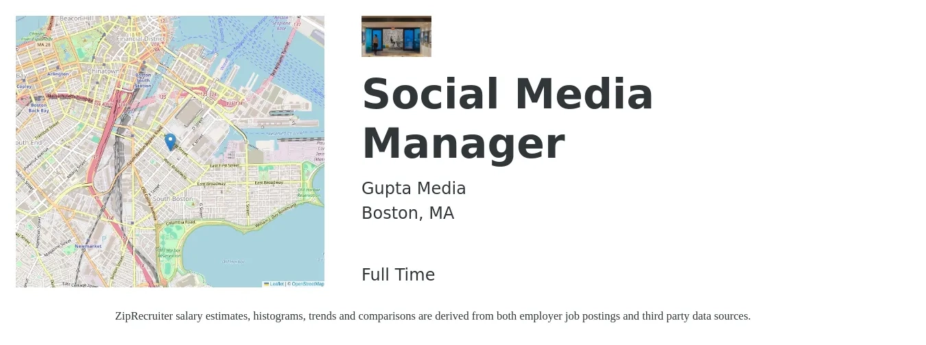 Gupta Media job posting for a Social Media Manager in Boston, MA with a salary of $51,800 to $83,400 Yearly with a map of Boston location.