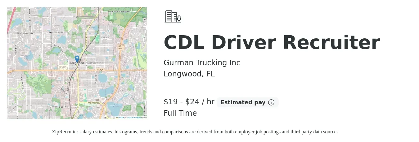 Gurman Trucking Inc job posting for a CDL Driver Recruiter in Longwood, FL with a salary of $20 to $25 Hourly with a map of Longwood location.
