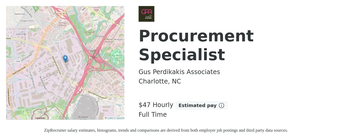 Gus Perdikakis Associates job posting for a Procurement Specialist in Charlotte, NC with a salary of $49 to $50 Hourly with a map of Charlotte location.