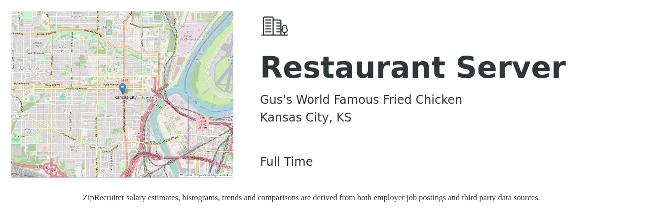 Gus's World Famous Fried Chicken job posting for a Restaurant Server in Kansas City, KS with a salary of $10 to $16 Hourly with a map of Kansas City location.