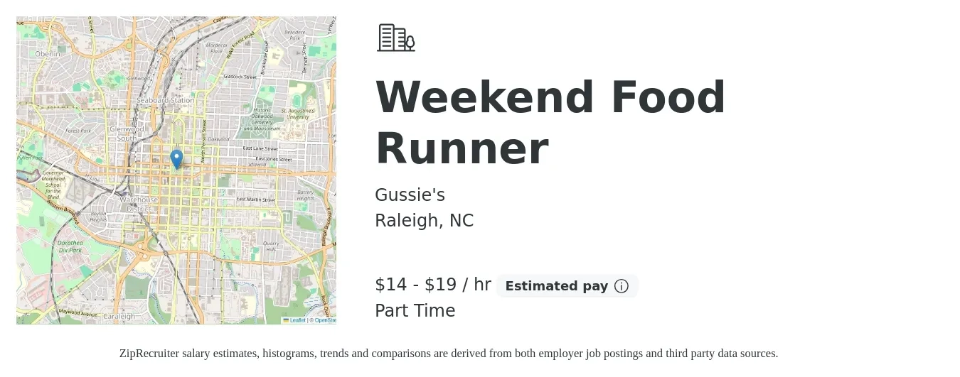 Gussie's job posting for a Weekend Food Runner in Raleigh, NC with a salary of $15 to $20 Hourly with a map of Raleigh location.
