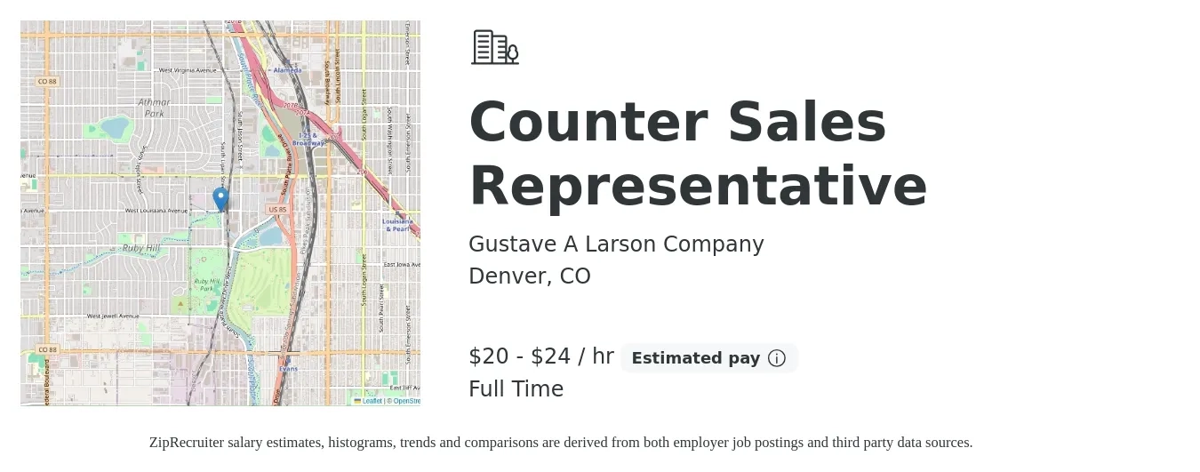 Gustave A Larson Company job posting for a Counter Sales Representative in Denver, CO with a salary of $22 to $26 Hourly with a map of Denver location.