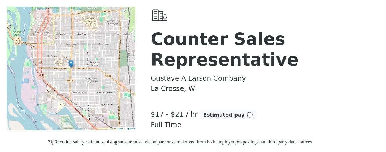 Gustave A Larson Company job posting for a Counter Sales Representative in La Crosse, WI with a salary of $18 to $22 Hourly with a map of La Crosse location.
