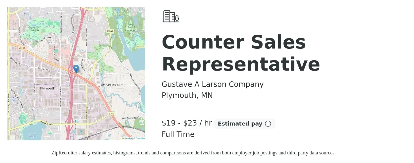 Gustave A Larson Company job posting for a Counter Sales Representative in Plymouth, MN with a salary of $20 to $24 Hourly with a map of Plymouth location.