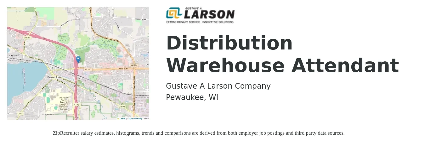 Gustave A Larson Company job posting for a Distribution Warehouse Attendant in Pewaukee, WI with a salary of $17 to $22 Hourly with a map of Pewaukee location.